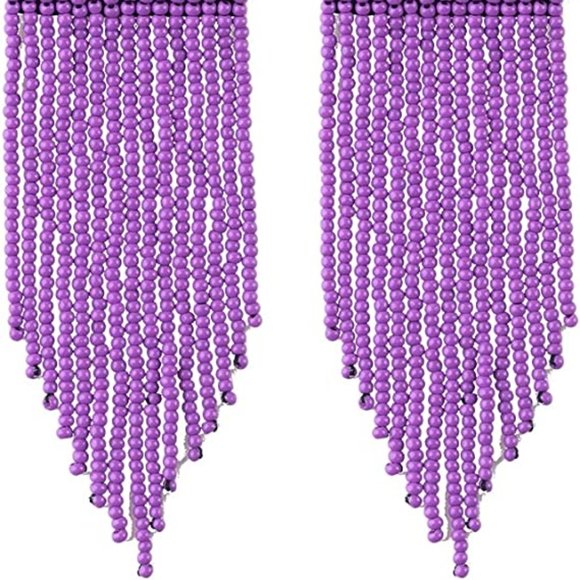Long Lavender 4.5" Art Deco Oversized Earrings New Beaded Bohemian Tassel Fringe - Picture 4 of 6